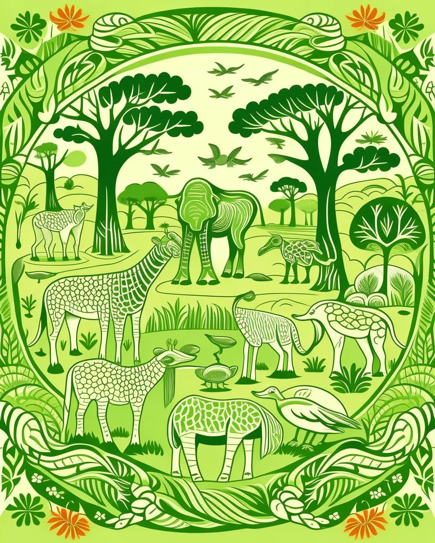 A light green savanna with animals designed in African pottery