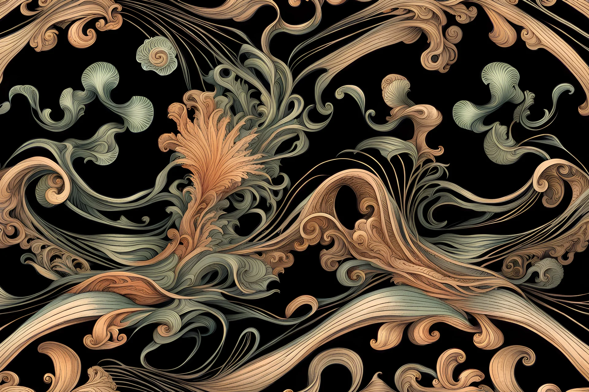 decorative ocean wave illustration ernst haeckel style, single object, black background, vintage colorful