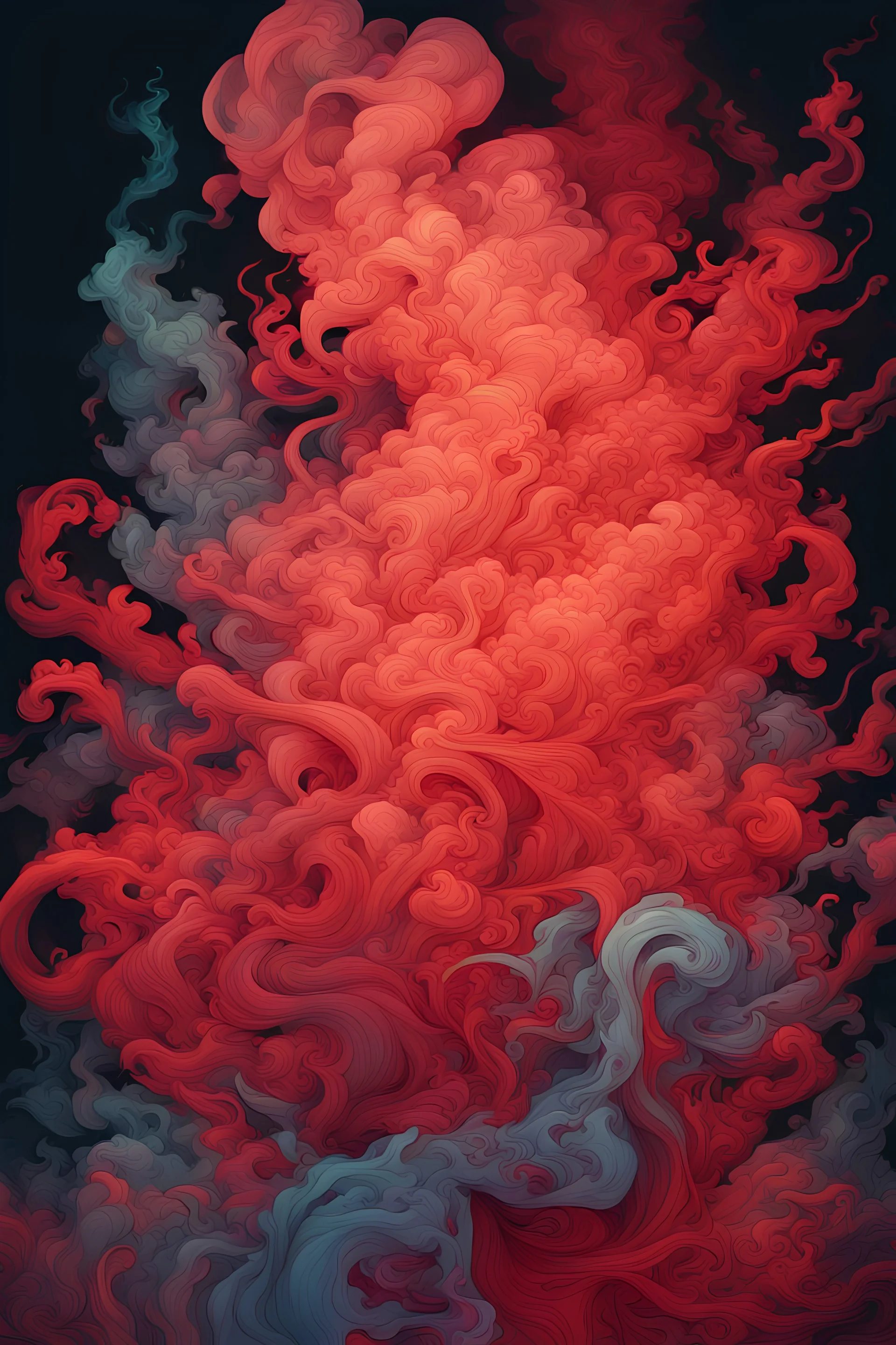 smoke in James Jean illustration style, vibrant colors, red colors, intricate details, ethereal lighting, digital painting, 4k resolution, black background