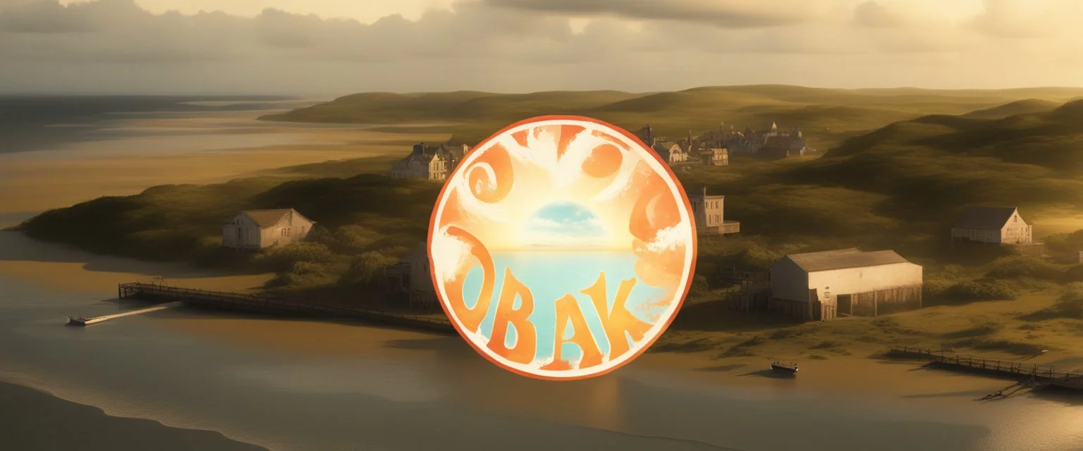 Netflix's Outer Banks, with elements of new york landscape and a Blackpool tower, Miami scenery, and Wild west aspects, with boats, also elements of Devon, in one giant land, realistic, drone shot, background. Scenery, yellow sky, Outerbanks, Outerbanks, Outer Banks, Netflix Outer Bank's, Y2K, Huge landscape, a whole island, The Outer Banks, greenery.