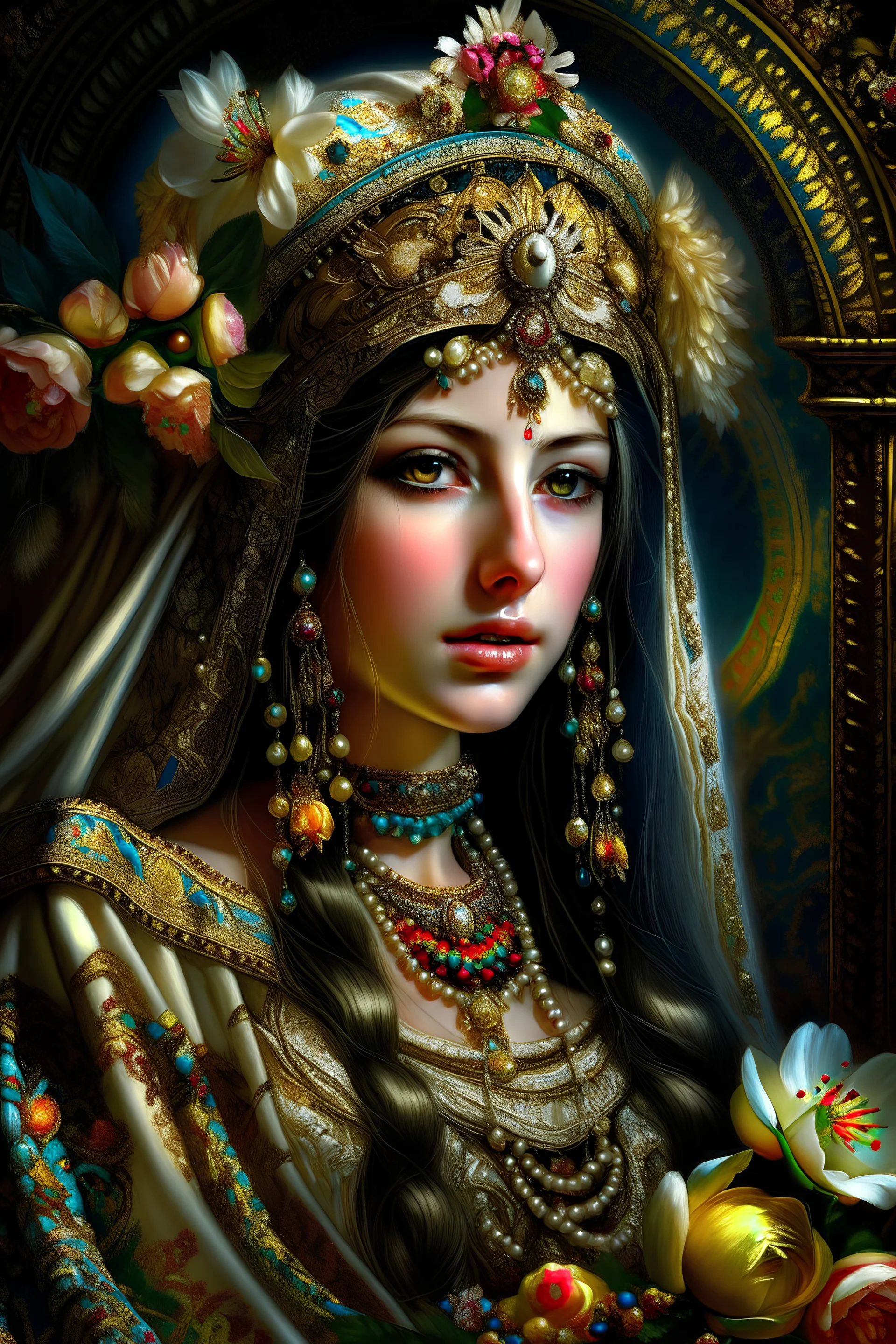 Beautiful facee Arabian Princess front wiev portrait, adorned with giant Jasmine, and lily flower ,roses , golden pearls , zafir gemstone headress, wearing floral, lace, pearls, zafirs ornate Iranian costume, organic bio spinal ribbed detail of Iranian style full jasmin and rose and persian garden background by the moonlight extremely detailed hyperrealistic maximalist portrait art 256K