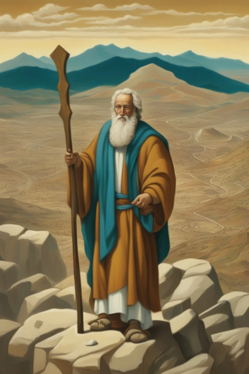 Moses stands on a mountain and holds a wooden staff, at his feet are fragments of stone tablets on which the 10 commandments were written, and below is a valley with the cities of Palestine of sands, tents and mountains. There is a silhouette of God in the sky. Everything is painted in oil painting with high-quality drawing of details