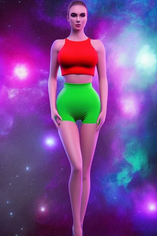 Full body portrait, painting, medium shot lady Spacecore volumetric nuclear waste glow skin-tight crop top and volumetric nuclear waste glow skin-tight miniskirt