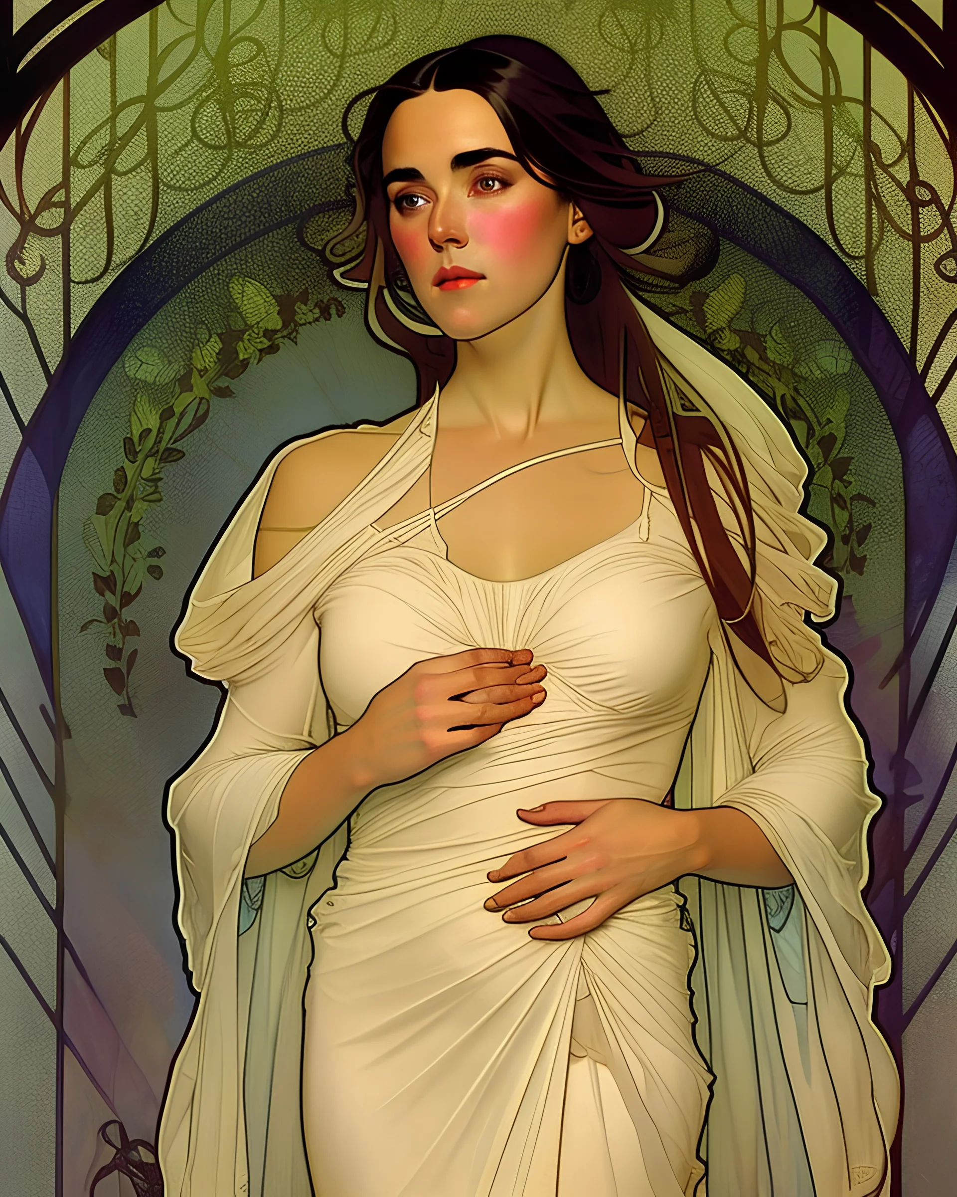 art by alfons mucha, full body image of 25-year old Jennifer Connelly