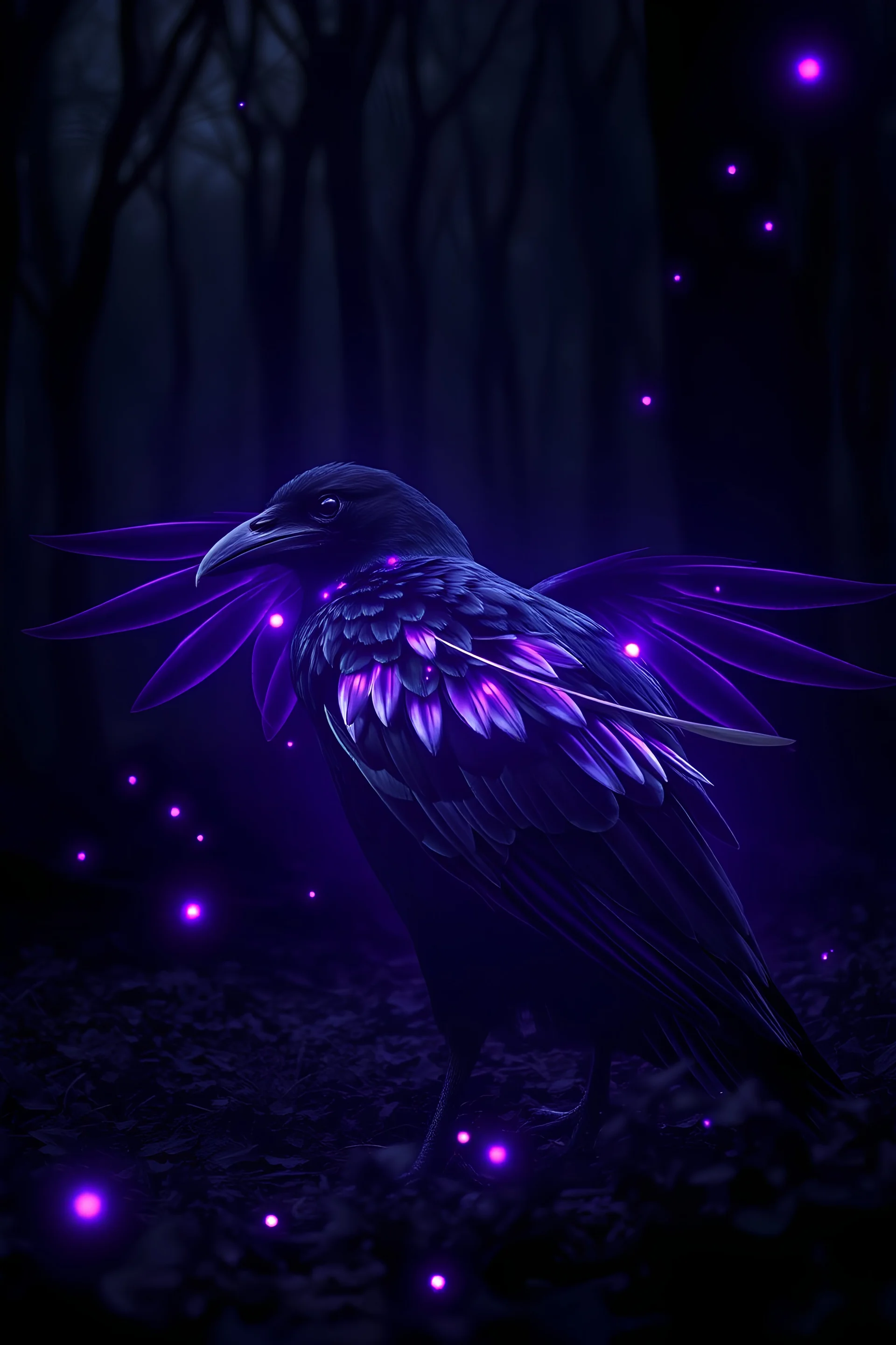 Ultra-realism, Beautifully mystical black raven, Iridescent feathers, glow, glow, fireflies, sitting in a clearing in a dark forest, black and purple, Dark fantasy,monochromatic palette, over-detailed, cinematic, Ultra HD v.1.3.