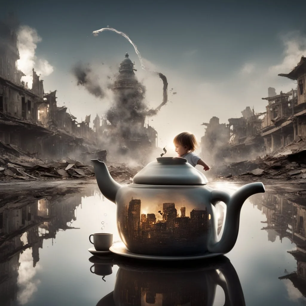 A teapot is shining and a laughing child is looking at it. The child’s image is reflected inside the teapot and behind the child is the reflection of a destroyed city.