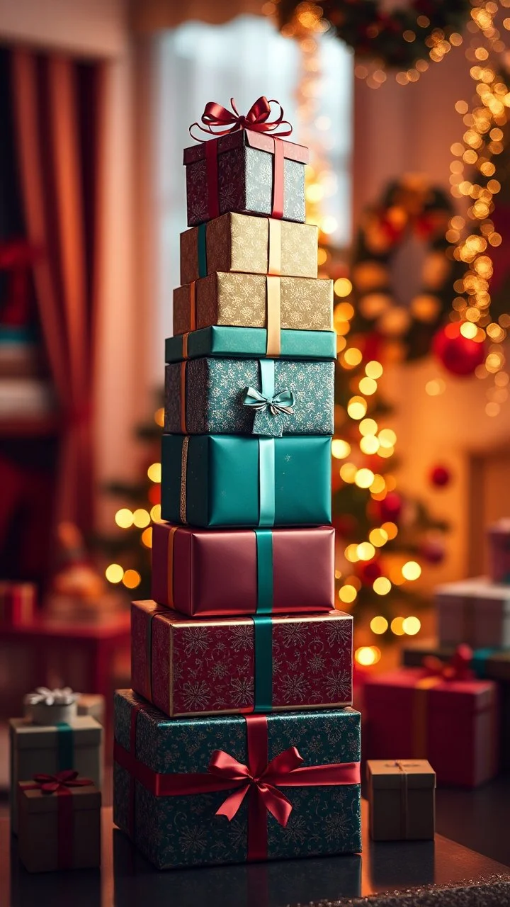 tower of Christmas gift boxes, festive atmosphere. in blur background a cozy room, some glitters, warm lights, hig realistic, perfect shot, professional photo