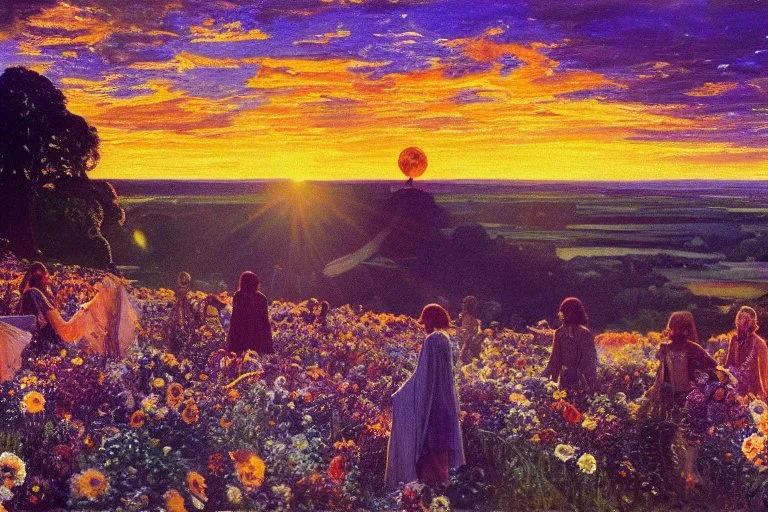 Beautiful epic sunset, logan's run 1976 movie influence, cosmic, people, rocks, holiday influence, river, flowers, very epic and philosophic, walter leistikow, alfred munnings, and hans am ende impressionism paintings