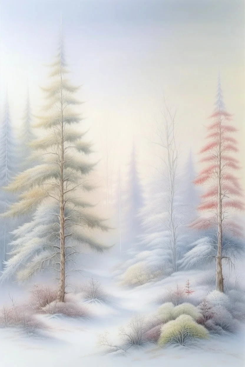 magic Fir trees, flowers, beautiful landscape, delicate tones, translucent, snow white, clear lines, high-quality drawing, beautiful landscape, clear drawing of details, realistic, high quality, hazy haze, hyperrealism, delicate pastel tones, fabulous, highlights, high-quality detail, watercolor, snowy