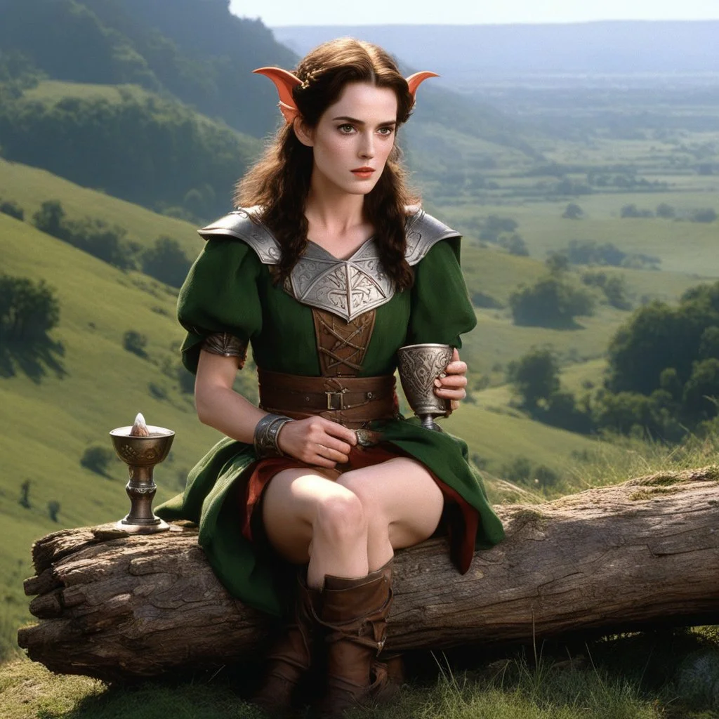 youthful Winona Ryder as an elf in dusty armour drinking Miruvor in a carved goblet, she sits on a log on a hill, in front of a wonderful landcsape, she is bold and has no inhibition