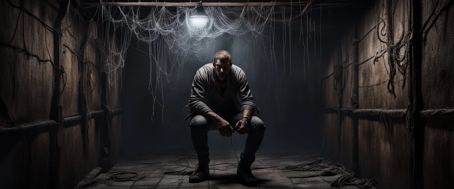 Hyper Realistic hostage man hanging on roof between dark hallway of a dungeon with cobwebs & dark rustic walls at night