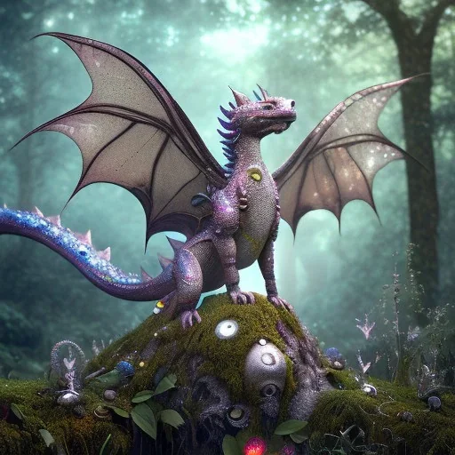 cute, adorable baby dragon made of crystals and gems, glittery scales, iridescent wings, sitting on forest floor, muted rainbow colors, intricate, fine detail, 8k, sharp, crisp, high-quality, 4k , octane render, detailed matte, volumetric lighting, brian froud, howard lyon, anne stokes, lisa parker, selina french, greg rutowski