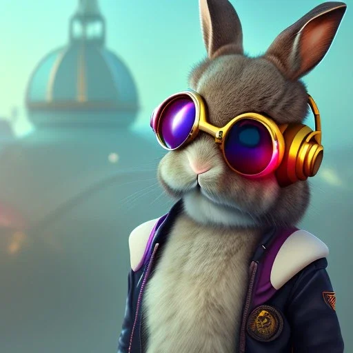 pixar style anamorphic cute rabbit baby, smiling, cyberpunk headphone, sunglass, gangsta gold neckless, full body, magenta puffer jacket, manila city backdrop, dramatic lighting, hyper realistic, unreal engine 5, 16k