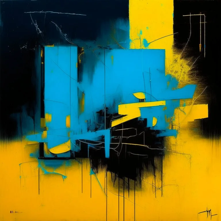 Minimal abstract oil painting of bright coral yellow and blue. with random words. Brutalist fragments Line sketches. illuminated at night. In the style of Justin Mortimer and Phil Hale and Ashley Wood