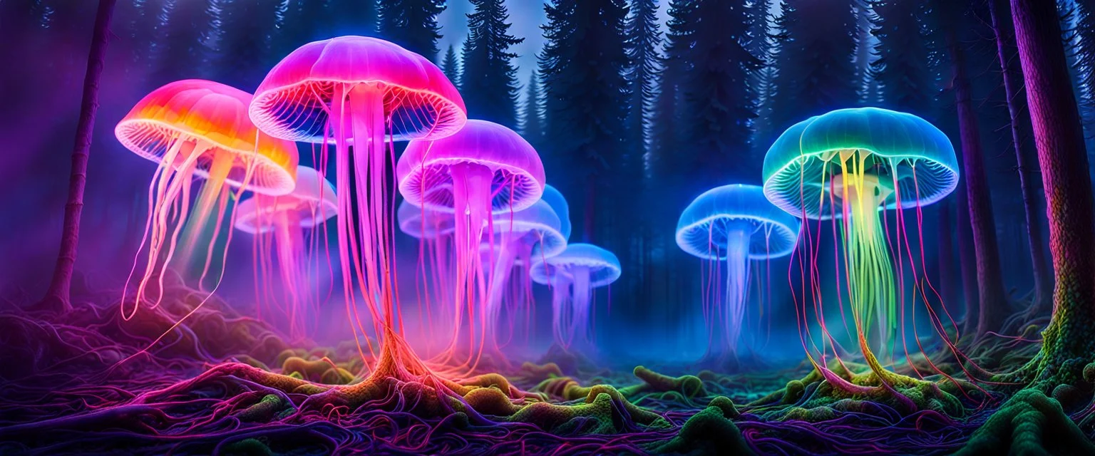 like the ocean floor, giant bio luminous Rainbow floating high, 12 long Psychedelic JellyFish, smaller jellyfish above everything, sacred geometry light floating in a forest, mist, light trails, nighttime, long exposure, Treeline, Alberta, scientist, Dystopian, Hyper detailed, Realistic, Extreme depth of field, bokeh blur, Alberta all-natural, National Geographic, in the style of candid, imperfection, natural lighting, cinematic, Fuji Film, Anamorphic lens, 2040s, --ar 4:5 --w 150 --style raw