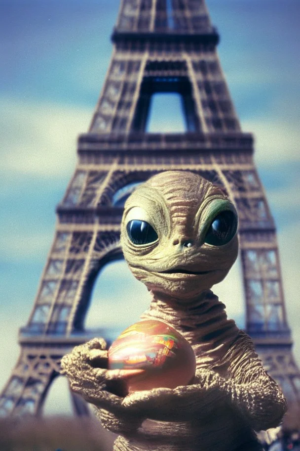 E.T. the Extra Terrestrial holding a decorated Easter egg in front of the Eiffel Tower