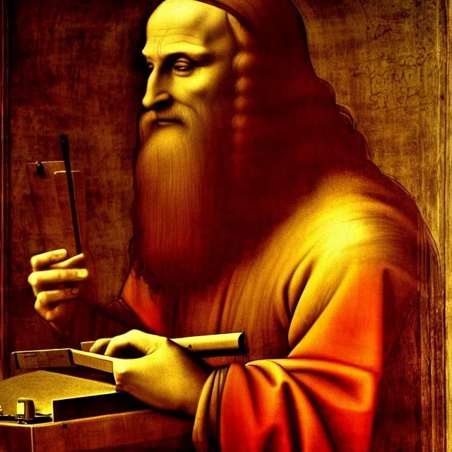 leonardo da vinci with computer. creating in photoshop. hyperdetailed, warm colors, movie poster, photoillustration, oil on canvas, lens flare