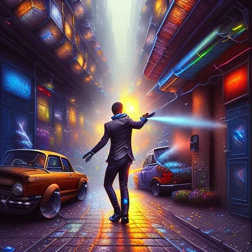 spray paint art, close up on human thief with great style,evening, seen from store window, dirty city alley, heist action, movie poster