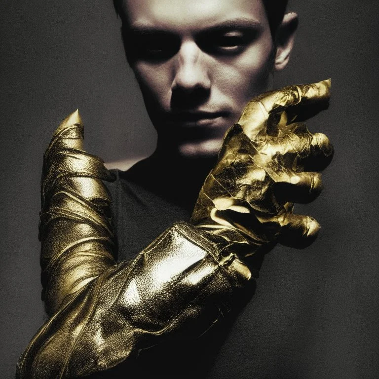 having fashion golden spike gloves on his arm