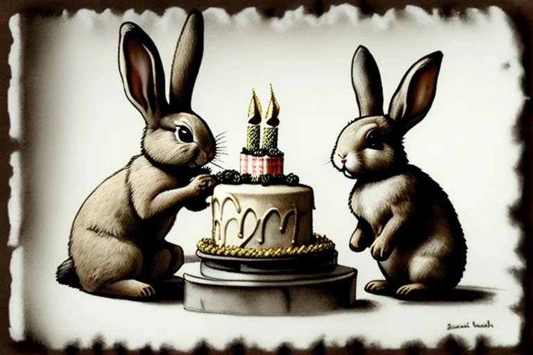 Bunny is having a birthday cake with hand grenades. Highly detailed, smooth colours, realistic landscape. Aquarell