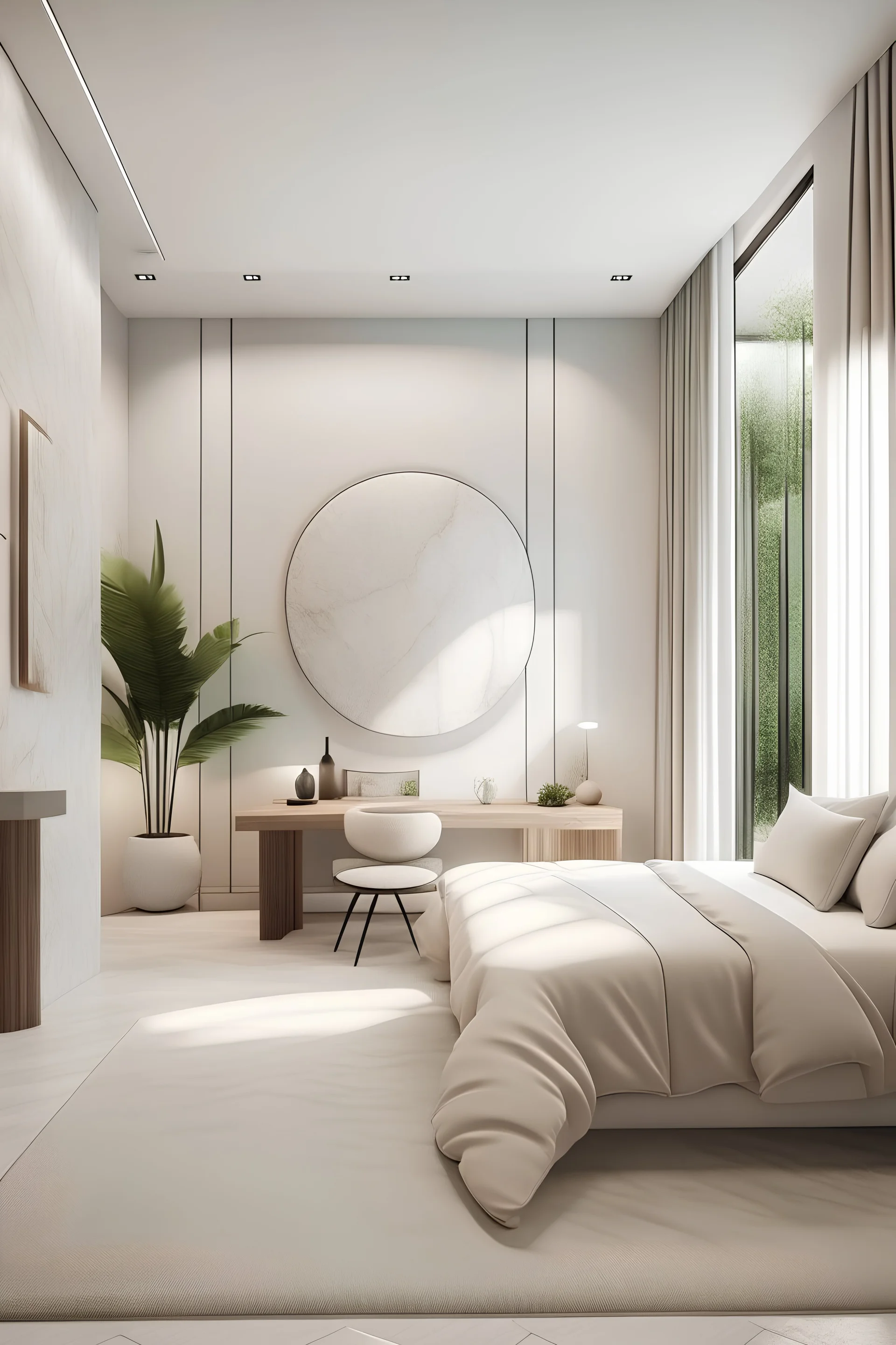 Ultra realistic photo of Modern take on upscale bali inspired small condo white cream stone, light woodl round interor view of bedroom