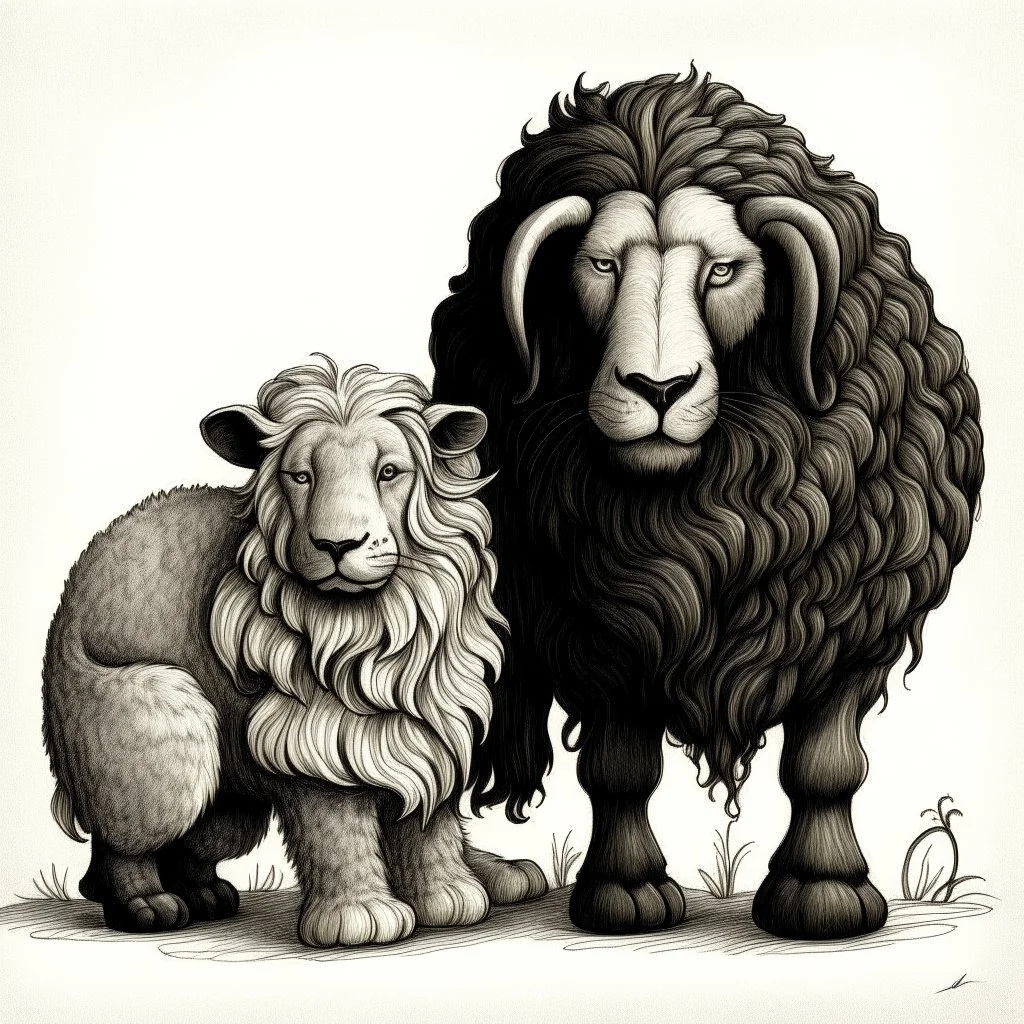 a black sheep drawing a lion and cat