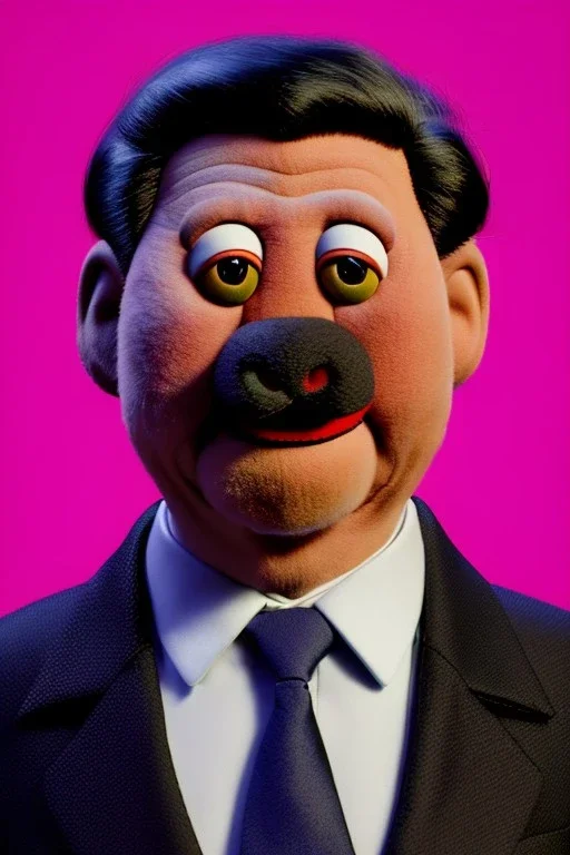 Waist up muppet Portrait, Xi Jinping as muppet doll, black suit and red tie, photo studio, blue background, unreal engine 5, concept art, art station, god lights, ray tracing, RTX, lumen lighting, ultra detail, volumetric lighting, 3d.