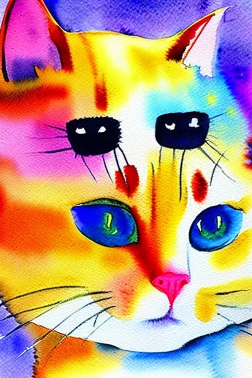 watercolor painting, happy cat, bright color,