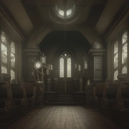 on old church interior, scary, steam punk, realistic, made in octane, cinematic, ultra-realistic, extremely detailed octane rendering, 8K, VRAY Super Real ar 2:3, dof photorealistic futuristic 50mm lens hard lighting dark gray tintype photograph, realistic lighting, sepia color