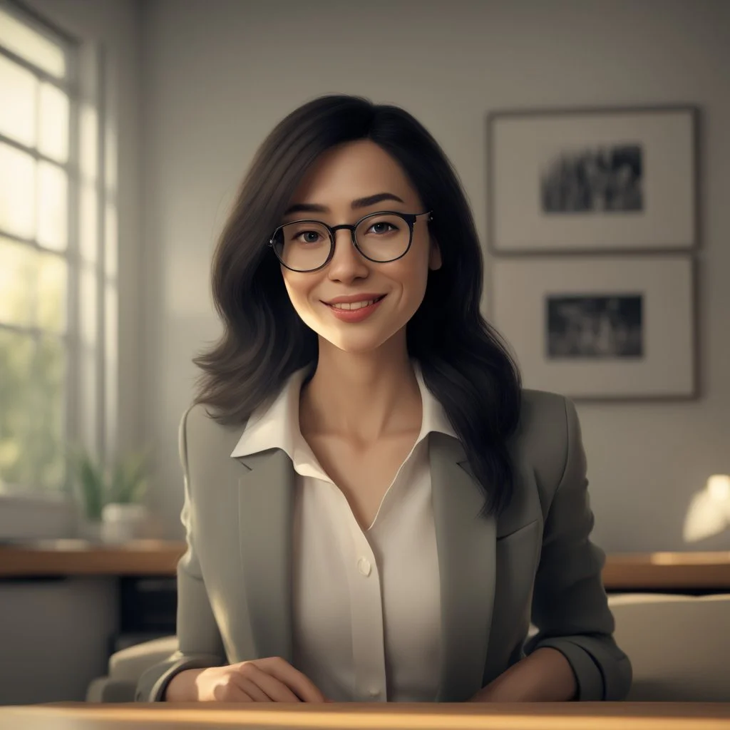 a portrait of smiling woman wearing ivory blazer with white shirt inside. long black hair, messy hair. light skin. black eye pupils. big nose. pear face shape. wearing small rectangle glasses, transparent frame color. thick eyebrow. pixar style. 3D. 4k. portrait. highly detailed. sharp focus. high resolution. full color. cinema lighting