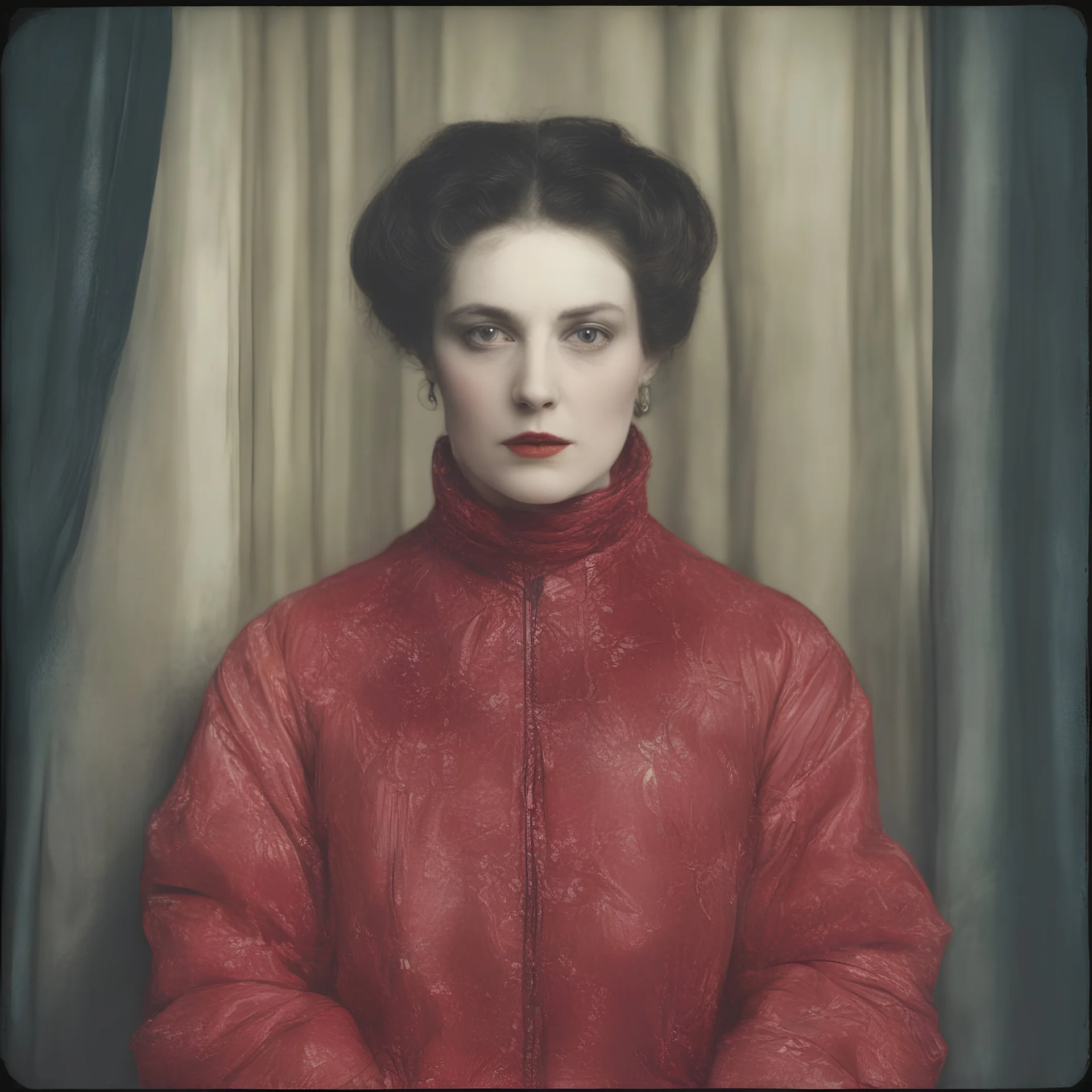 Countess da Castiglione, red, autochrome, plastic puffy jacket, heavy curtain