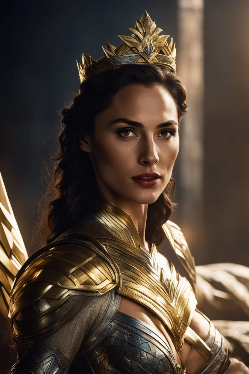 The room is dimly lit, casting a seductive glow upon the figure reclining on the bed. Gal Gadot, adorned in the powerful armor of Wonder Woman, exudes an aura of strength and grace. The golden tiara atop her head gleams, highlighting the determination in her eyes. Her crimson cape cascades down, pooling around her like a river of passion. You, the writer, cannot help but be captivated by this scene. The weight of the world rests upon Gal Gadot's shoulders, yet she remains poised, ready to face a