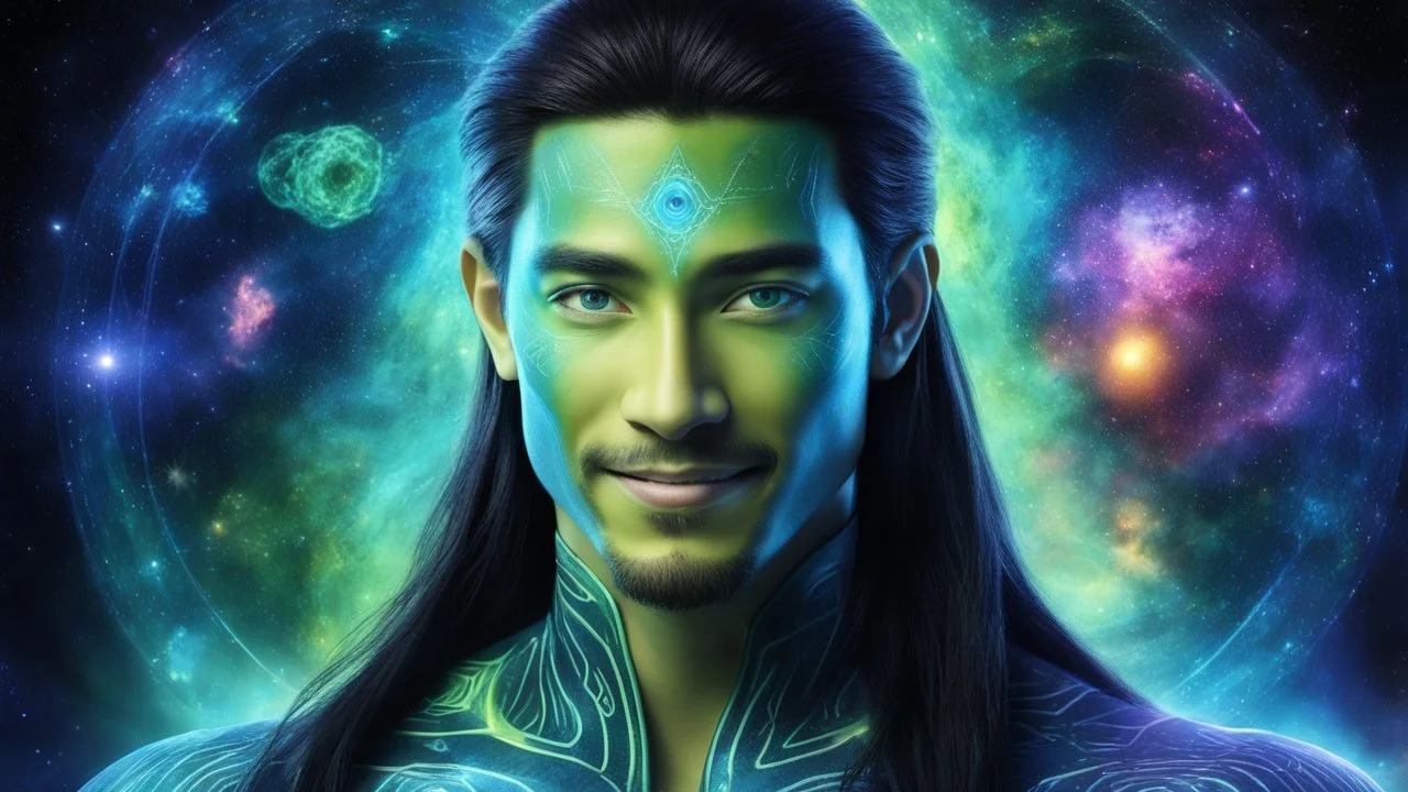 beautiful gorgeous young man na'vi with long hair, Avatar, blue skin, two small ears, green eyes, black hair, in cosmic suit, galactic ambiance, medium pointy goatee , smiling, nebulas and sacred geometry light figures on the backgroud,