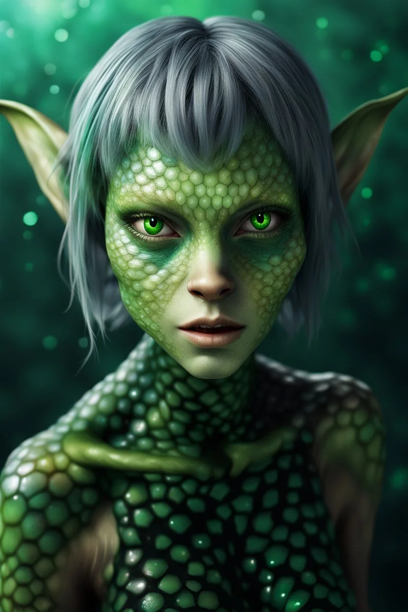 airbrush with pen outline, an intense alluring gremlin smeagol alien mermaid with wet short grey hair tucked behind ears, she has green eyes and light freckles. her entire body is covered in gradiated dark to light green mottled hexagon scales that transistion into skin at neck, , inside space ship with much technology and wild colorfull green plants