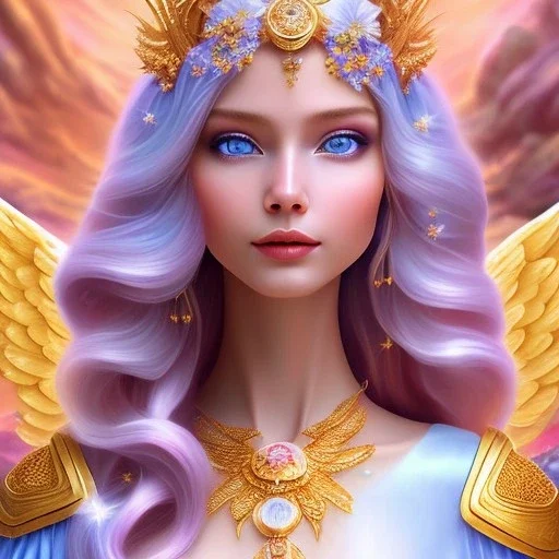 Flower angel, beautyful smiling young woman, long hair amazing blue eyes, happy cosmic, bright colors, blue, pink, gold, jewels, realistic, photo real, clear sunny background, highly detailed, high contrast, 8k high definition, unreal engine 5, extremely sharp detail, light effect, sunny light background