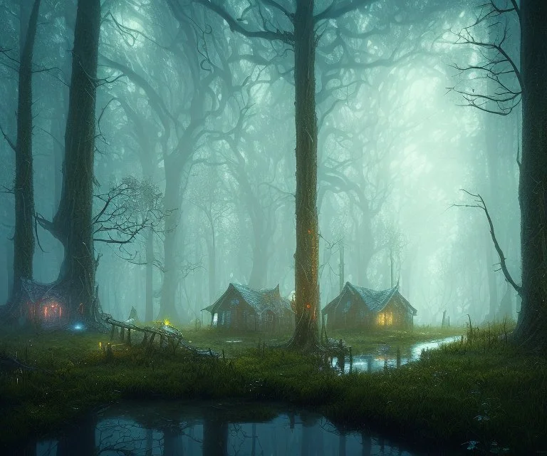 dynamic lighting, Intricately detailed, Splash screen art, deep color, Unreal Engine, volumetric lighting, dark fantasy artwork, dark swamp artwork, fantasy swamp artwork, cottage, night, fog, autumn,