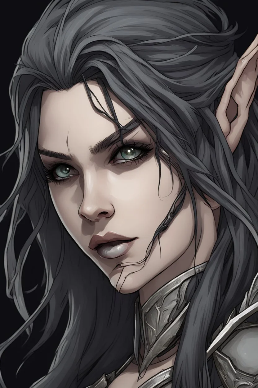 SA female elf with skin the color of storm clouds, deep grey, stands ready for battle. Her long black hair flows behind her like a shadow, while her eyes gleam with a fierce silver light. Despite the grim set of her mouth, there's a undeniable beauty in her fierce countenance. She's been in a fight, evidenced by the ragged state of her leather armor and the red cape that's seen better days, edges frayed and torn. In her hands, she grips two daggers, add dark shadow mystic purple flames