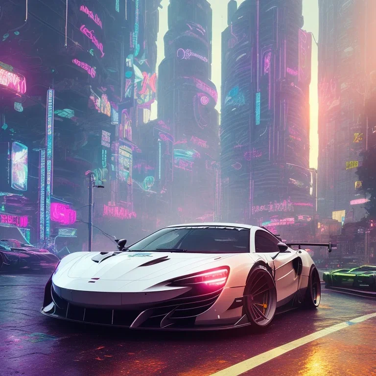 a white Mclaren in cyberpunk 2077 city in the rain