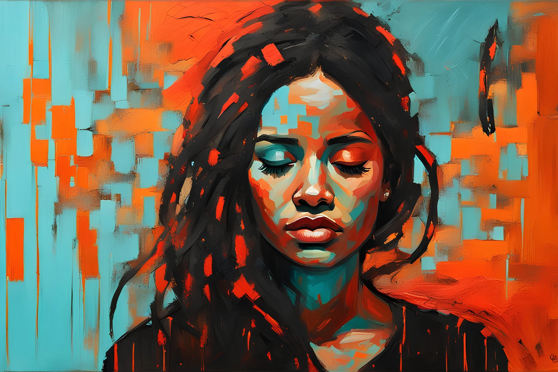 a painting of a woman with her eyes closed and having a headache, epic vibrant, wlop : :, raggae art, detailed heavy impasto, dazzling colors of orange and red and black, wavy cyan streak glitches, olivia pendergast influence