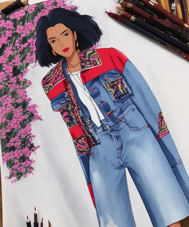 Fashion sketch, Fashion illustration, fashion drawing, Croquis, Hussein Suleiman, Jefferson Osei, Abderrahmane Trabsini, mudcloth fabric denim jacket, kente cloth, jeans, flare leg, African American model, Luke Edward Hall, red denim jacket, fringe