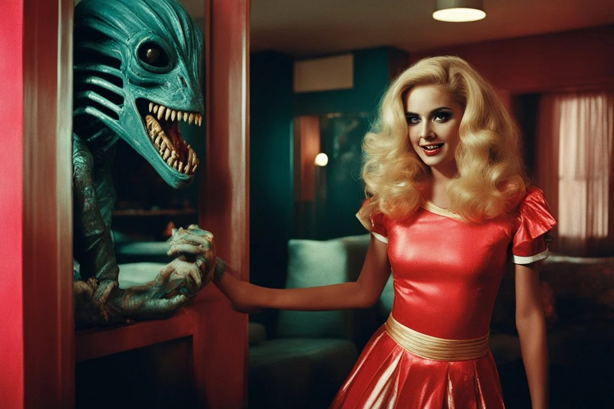 [vintage style noisy scratches glitches, Shot the texture and then rewound the film and double exposed from a colorful 1970s Italian movie] As the hot blonde cheerleader and the xenomorph mummy faced each other in the eerie hotel room, a palpable tension filled the air. The cheerleader, her youthful exuberance contrasting with the mummy's ancient horror, stood poised for a confrontation unlike any other. The xenomorph mummy, a fusion of unearthly terror and decaying majesty, regarded the cheerle