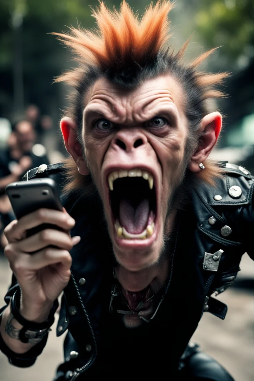 A very angry and bitter punk rocker tries to scream holding his mobil phone, and screams very high and gets angry, howler monkeys disturbs him