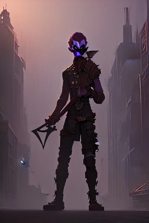 dystopian city, goblin holding an axe, steampunk style