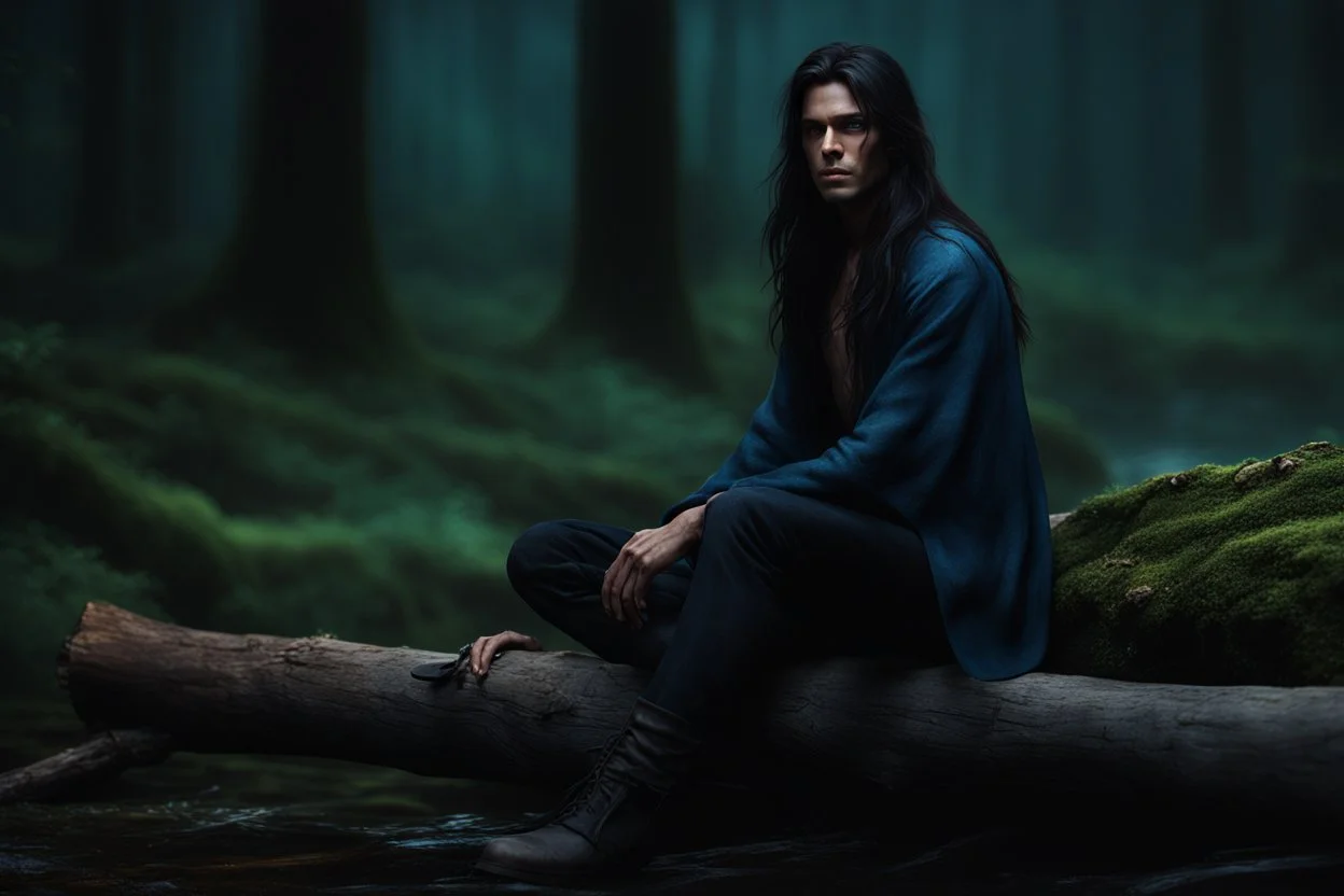 evan buckley with long dark hair and blue eyes sitting on a log , photorealistic, 4k, dark fantasy