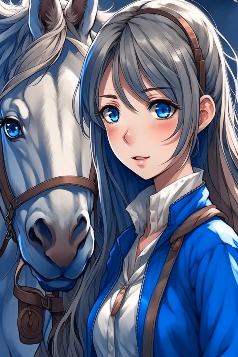 Anime woman with blue eyes with horse