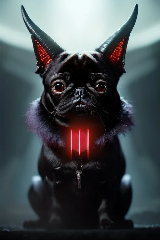 Demonic character, demon horns, demon tail, ominous, facepaint, pug, waist up portrait, intricate, oil on canvas, masterpiece, expert, insanely detailed, 4k resolution, retroanime style, cute big circular reflective eyes, cinematic smooth, intricate detail , soft smooth lighting, soft pastel colors, painted Renaissance style