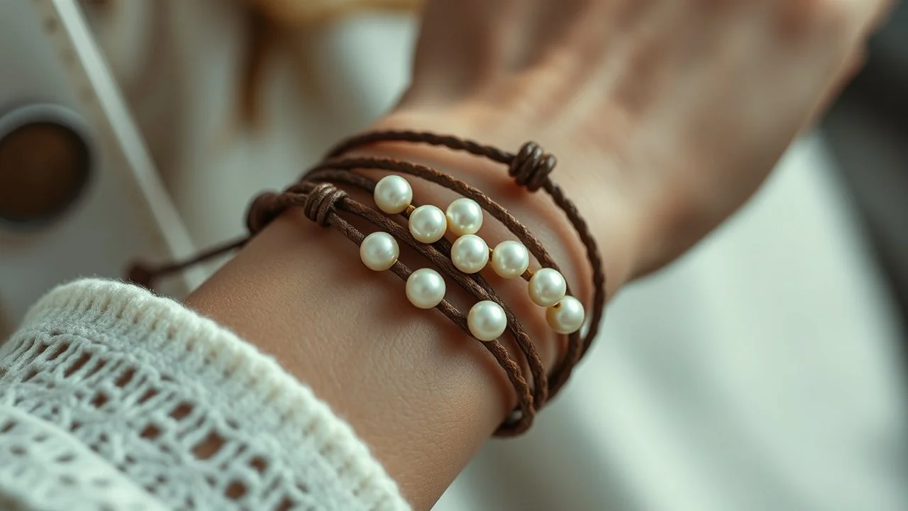 macro photo of a bracelet made of brown leather and little pearls on a woman's wrist, detailed, sharp contrasts, realistic, cinematic, blur background