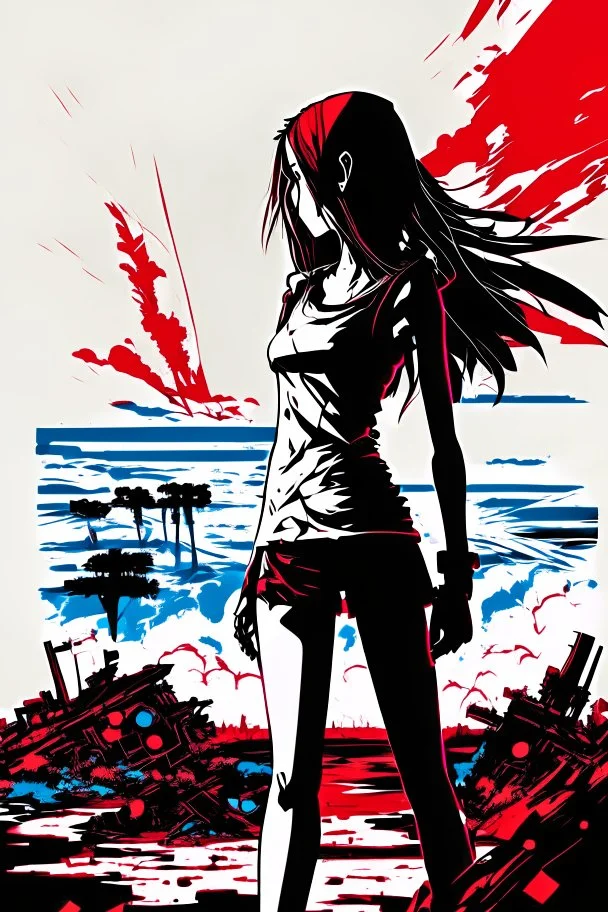 Dark outline line art anime style double exposure of a silhouette of a cyberpunk-inspired woman standing in front of a landscape shot of an active war zone with distant explosions, light black and red long hair, light blue eyes, short red and white tank top, hands on hips, (looking intently at viewer), (viewer from low ground level view with focus on eyes), (double exposure), (inspired by Cyberpunk mixed with Code Geass mixed with Fate: Grand Order), (giant red moon in background), (vibrant colo