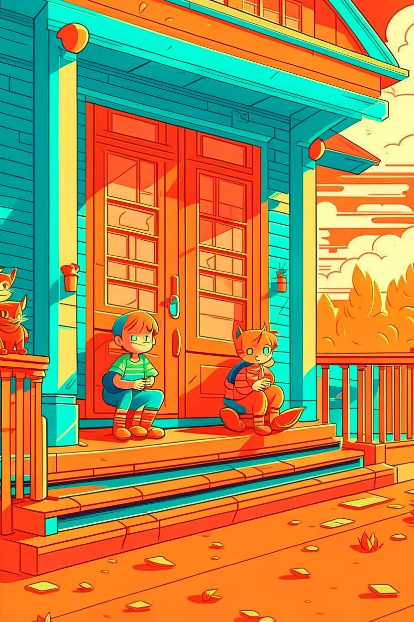 kids illustration, Cats on the porch, cartoon style, thick lines, low detail, vivid color