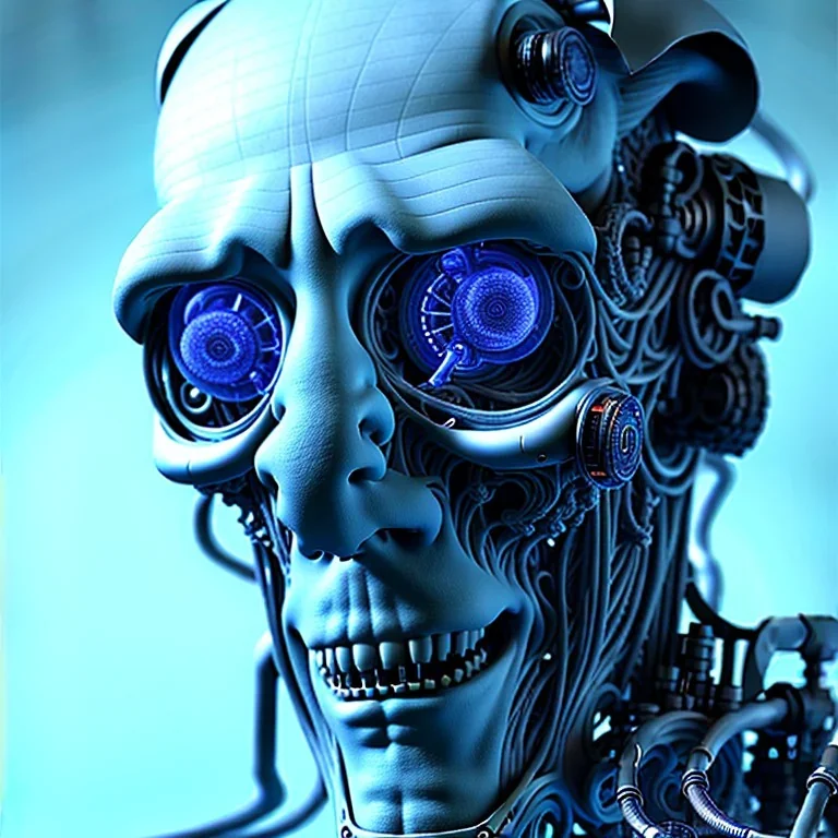 A beautiful portrait of an old cyborg man blue color scheme, high key lighting, volumetric light high details psychedelic background